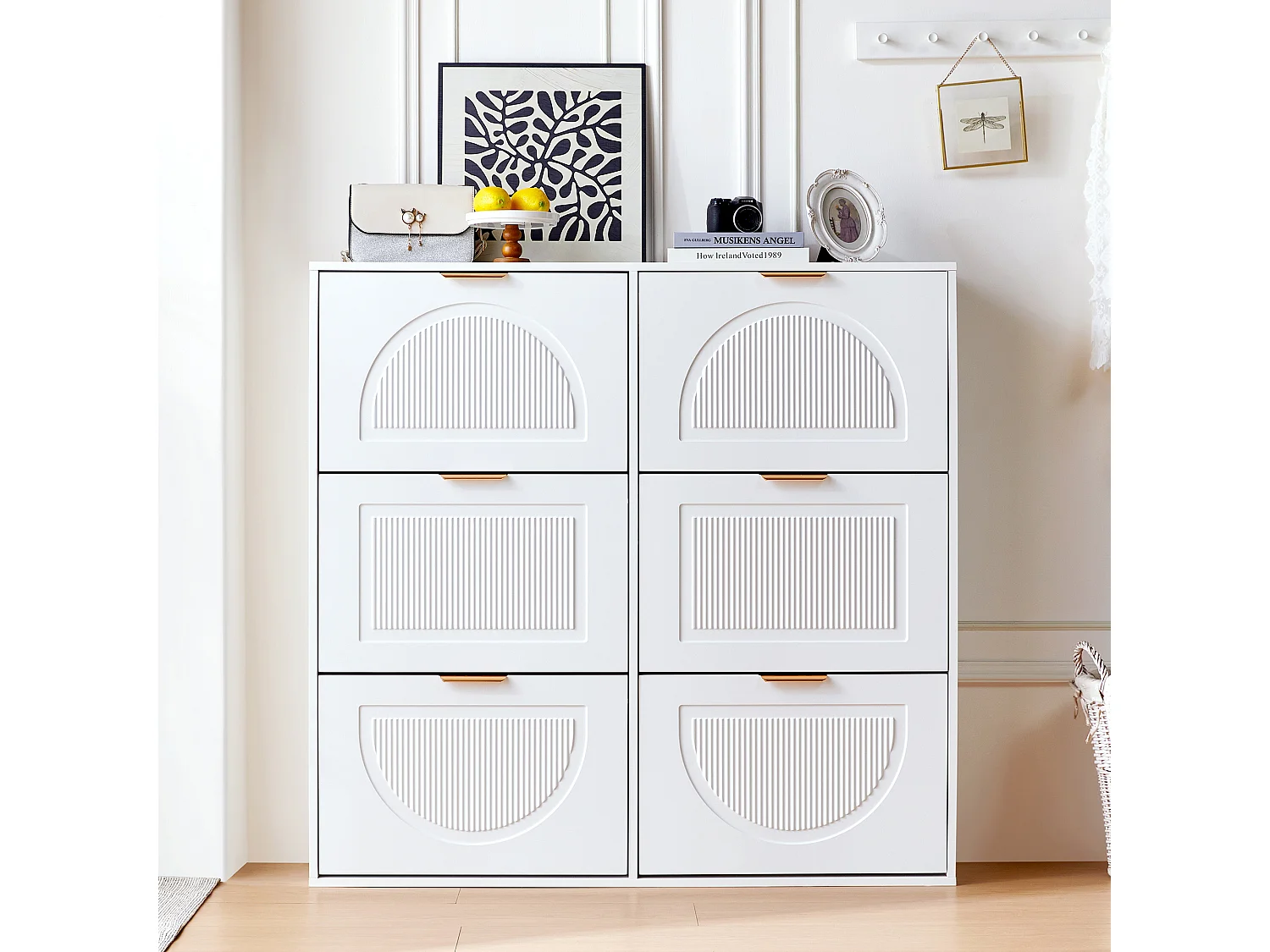 Meuble à chaussures moderne à 6 compartiments à abattants - 118 x 25 x 115 cm - pour entrée et couloir - MDF - blanc