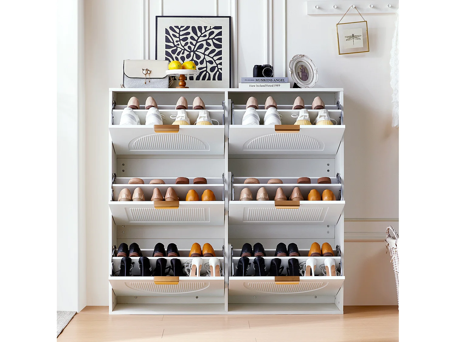 Meuble à chaussures moderne à 6 compartiments à abattants - 118 x 25 x 115 cm - pour entrée et couloir - MDF - blanc