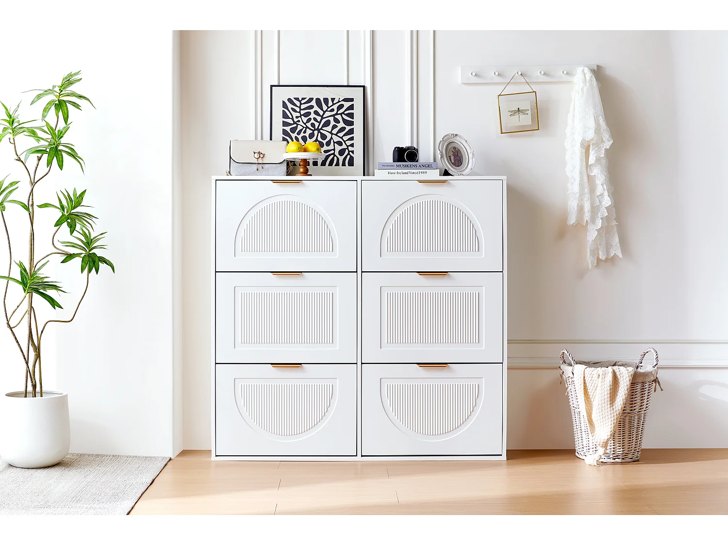 Meuble à chaussures moderne à 6 compartiments à abattants - 118 x 25 x 115 cm - pour entrée et couloir - MDF - blanc