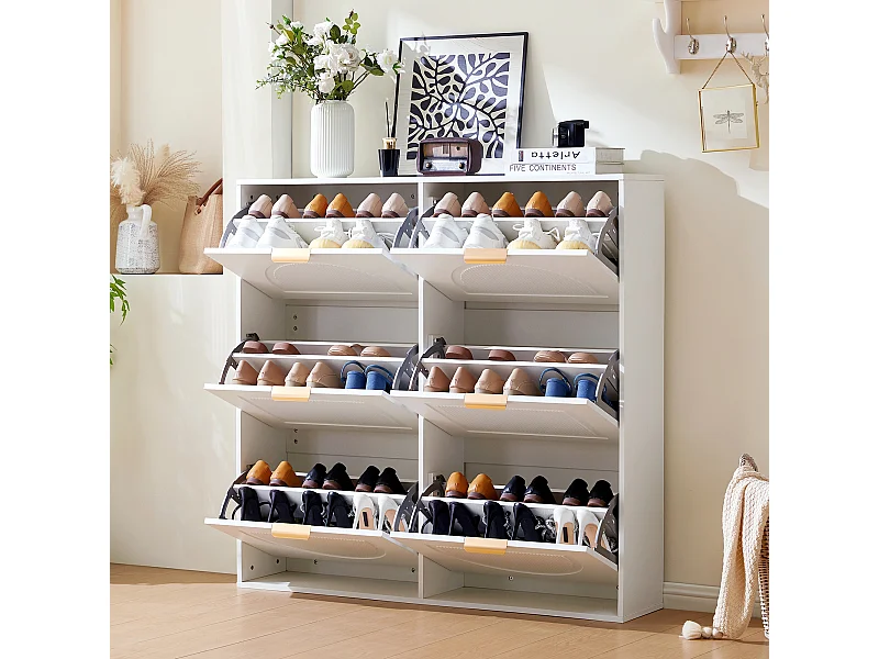 Meuble à chaussures moderne à 6 compartiments à abattants - 118 x 25 x 115 cm - pour entrée et couloir - MDF - blanc