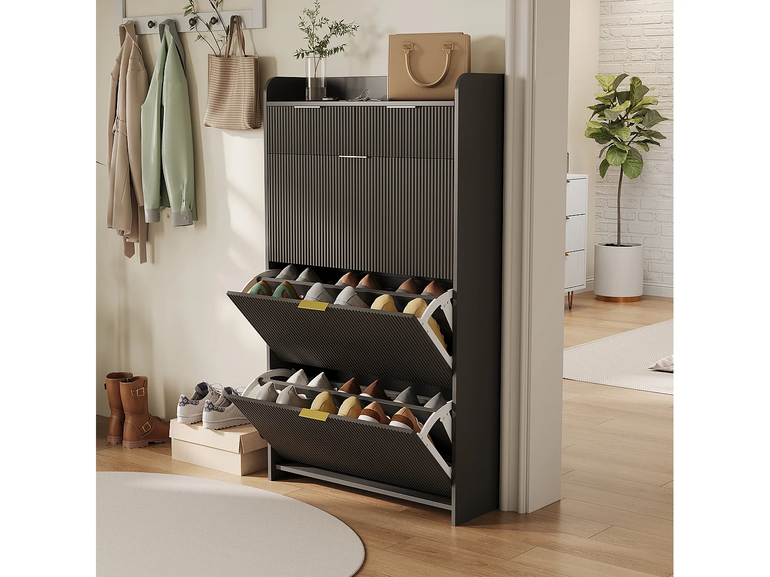 Meuble à chaussures à 3 portes et 2 tiroir, étagère à chaussures inclinable, 77 x 24 x 133,5 cm, noir