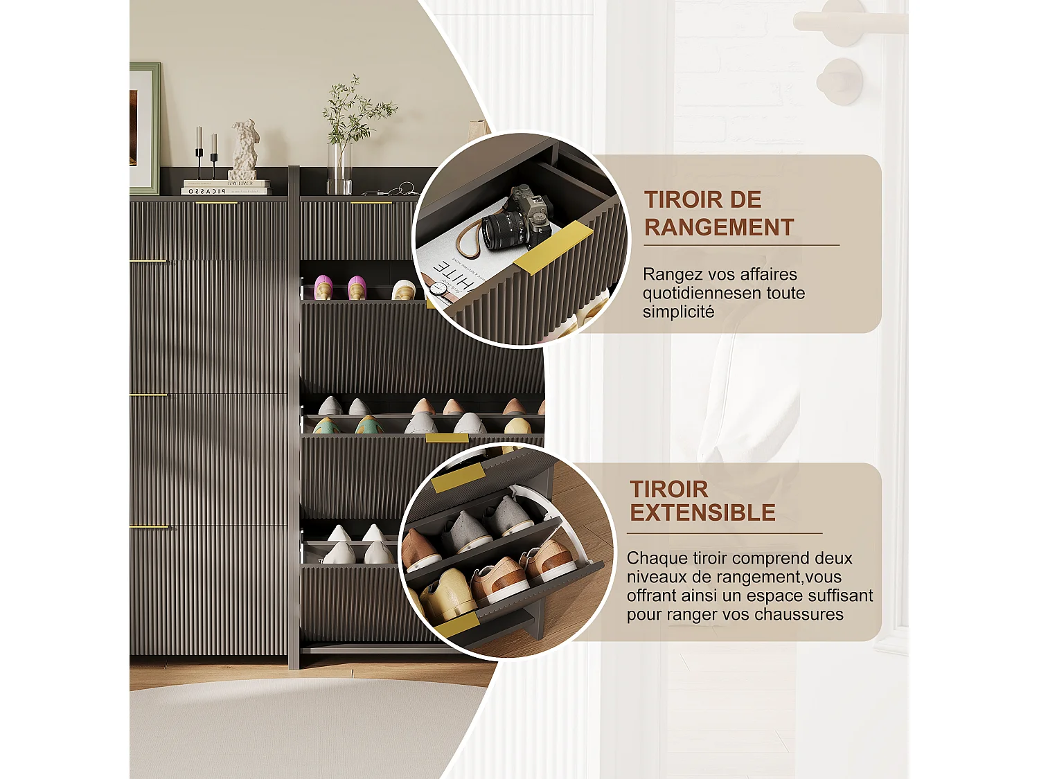 Meuble à chaussures à 3 portes et 2 tiroir, étagère à chaussures inclinable, 77 x 24 x 133,5 cm, noir