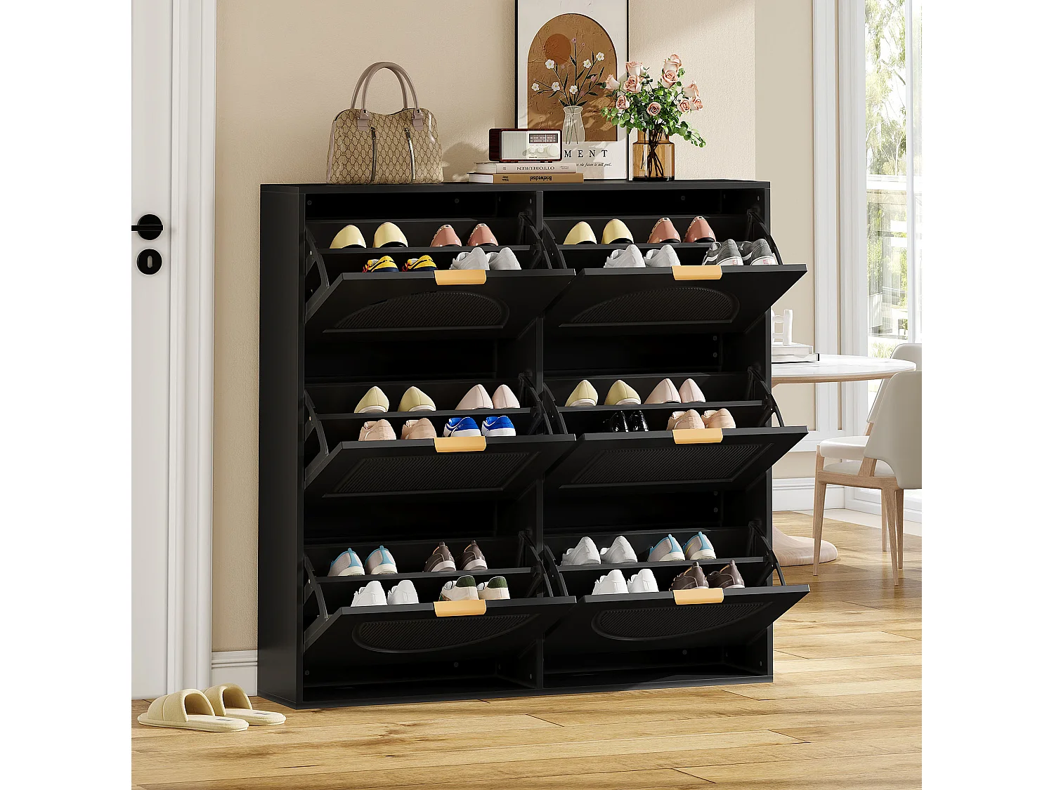 Moderner Schuhschrank mit 6 Fächern und Klapptüren – 118 x 25 x 115 cm – für Eingangsbereich und Flur – MDF – schwarz