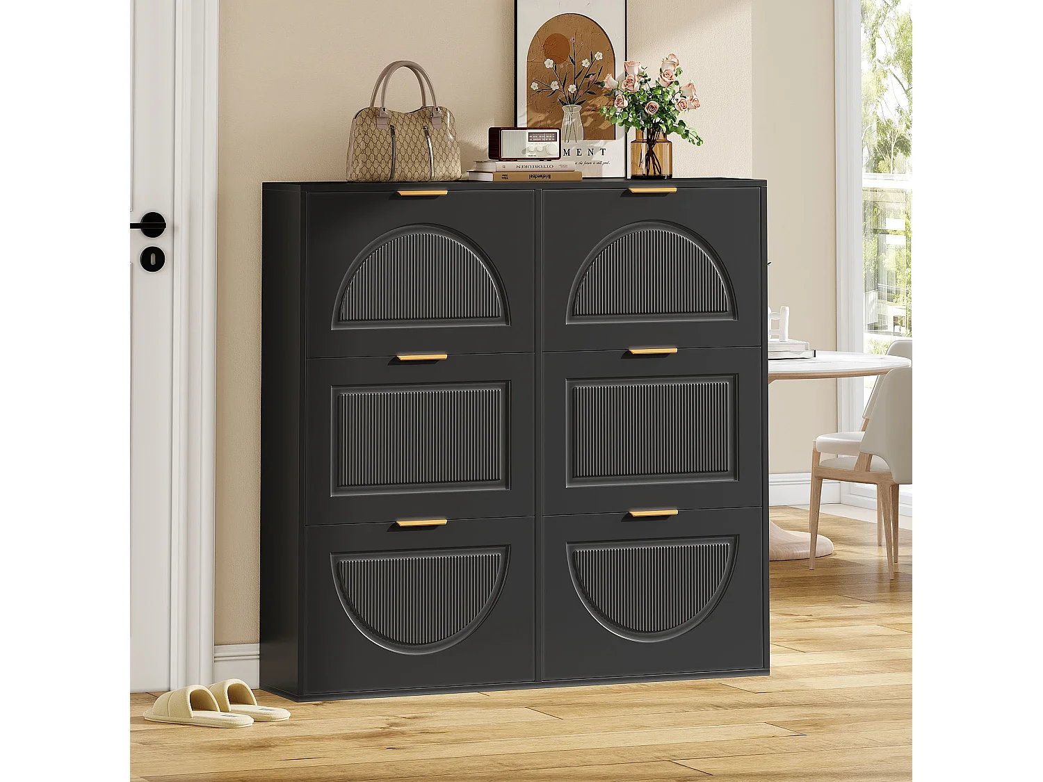 Moderner Schuhschrank mit 6 Fächern und Klapptüren – 118 x 25 x 115 cm – für Eingangsbereich und Flur – MDF – schwarz