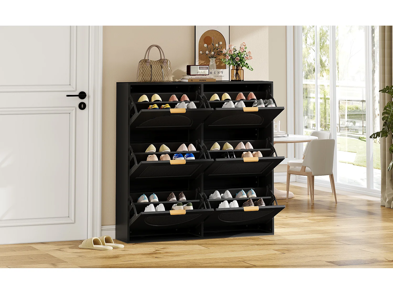 Moderner Schuhschrank mit 6 Fächern und Klapptüren – 118 x 25 x 115 cm – für Eingangsbereich und Flur – MDF – schwarz