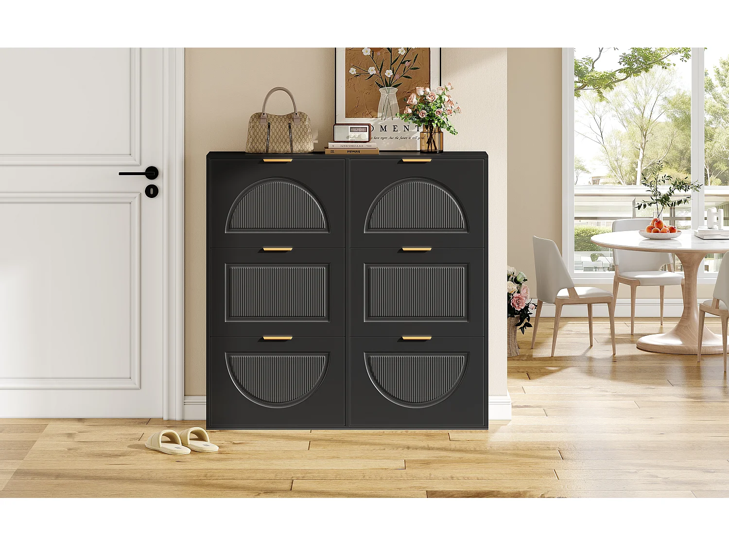 Moderner Schuhschrank mit 6 Fächern und Klapptüren – 118 x 25 x 115 cm – für Eingangsbereich und Flur – MDF – schwarz