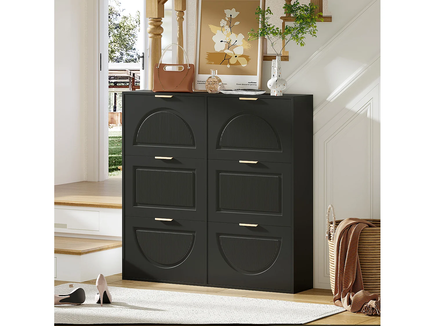 Moderner Schuhschrank mit 6 Fächern und Klapptüren – 118 x 25 x 115 cm – für Eingangsbereich und Flur – MDF – schwarz