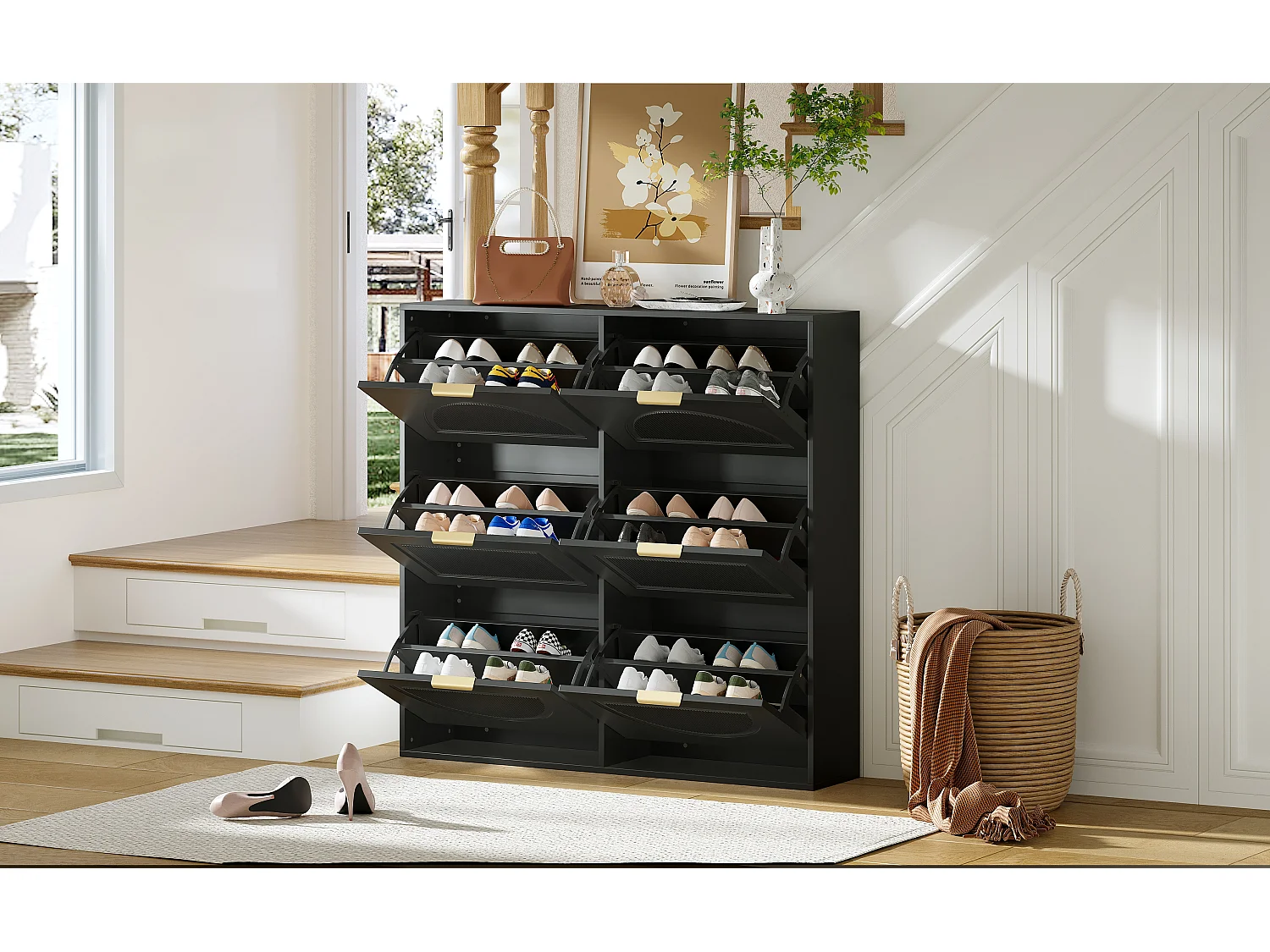 Moderner Schuhschrank mit 6 Fächern und Klapptüren – 118 x 25 x 115 cm – für Eingangsbereich und Flur – MDF – schwarz