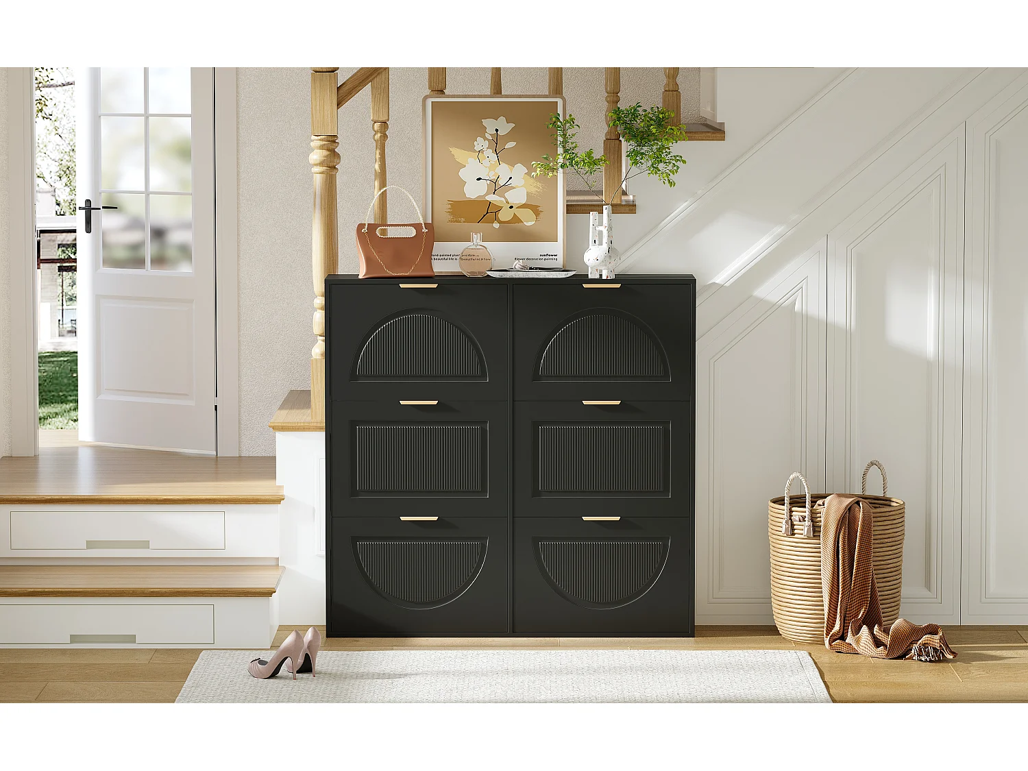 Moderner Schuhschrank mit 6 Fächern und Klapptüren – 118 x 25 x 115 cm – für Eingangsbereich und Flur – MDF – schwarz