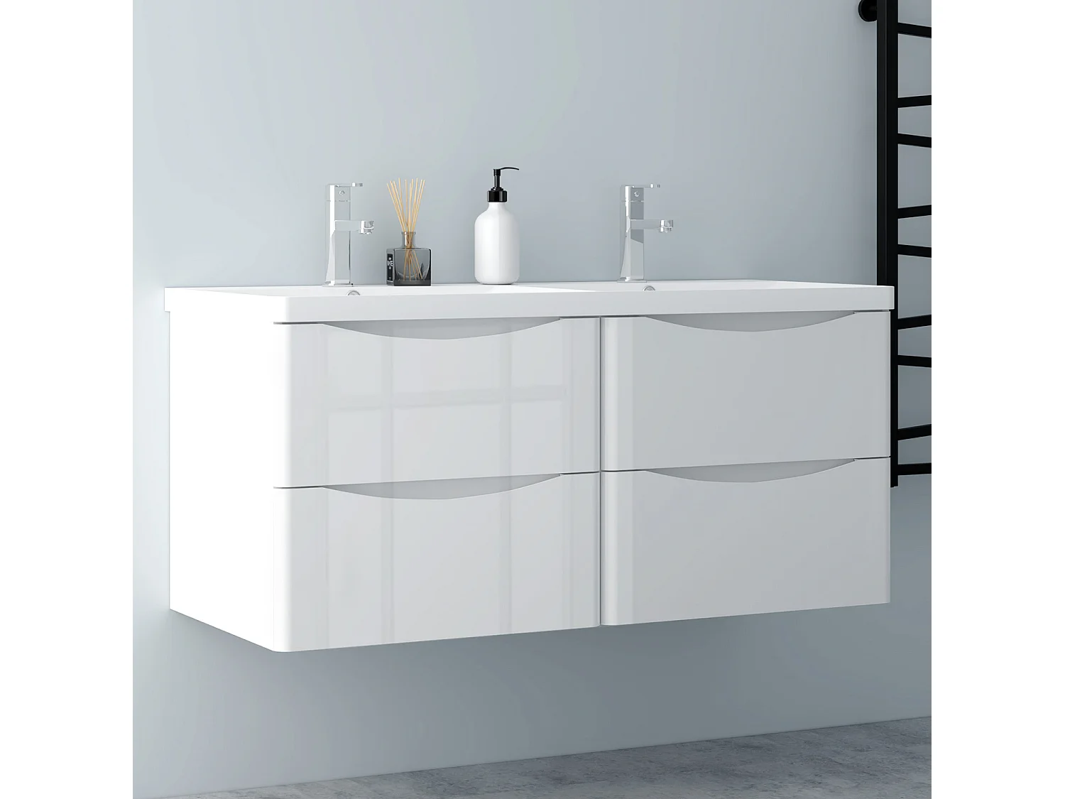 AICA Badezimmerschrank hängend 120cm Mineralguss waschbecken mit Unterschrank - Hochglanz Weiß  - SEMAL