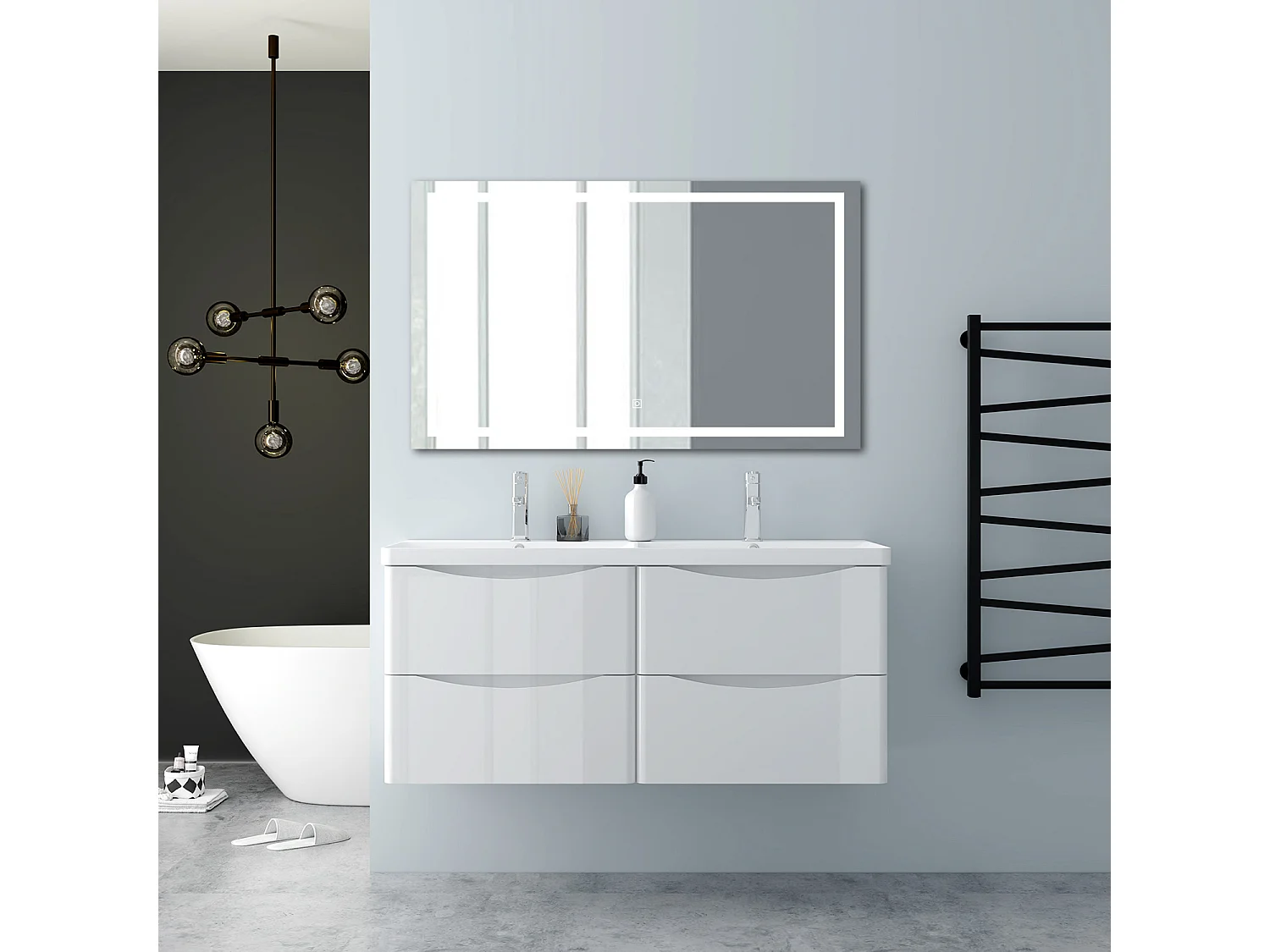 AICA Badezimmerschrank hängend 120cm Mineralguss waschbecken mit Unterschrank - Hochglanz Weiß  - SEMAL