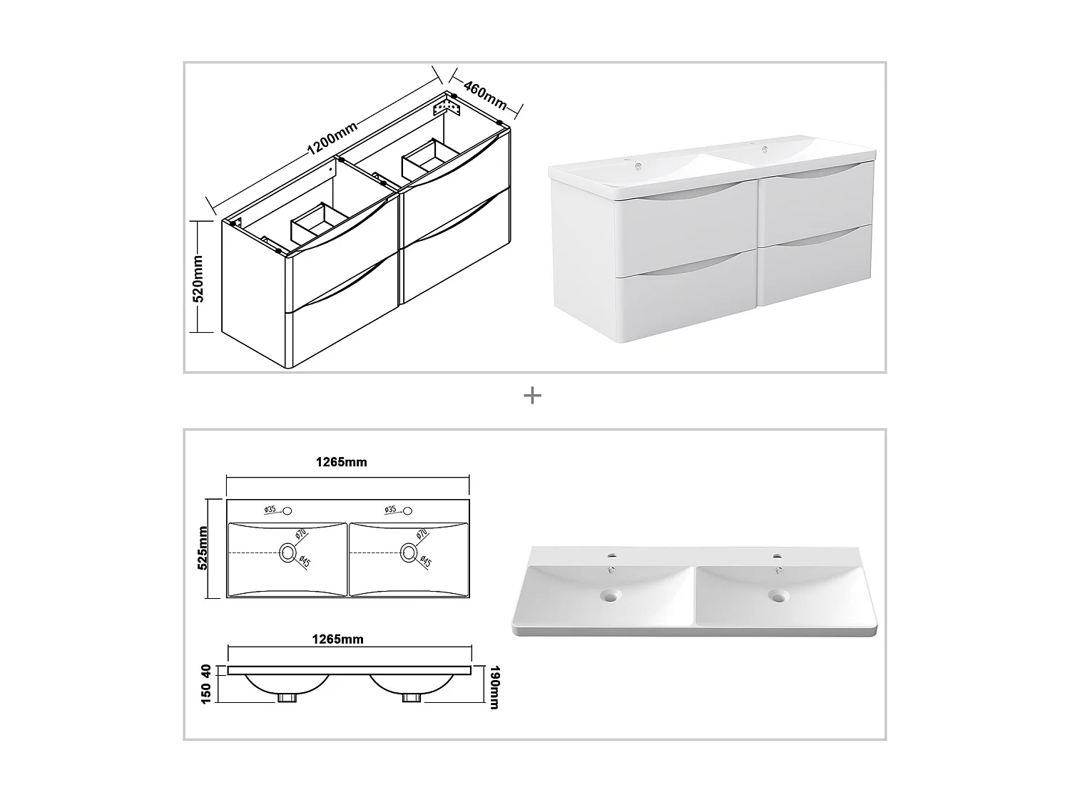 AICA Badezimmerschrank hängend 120cm Mineralguss waschbecken mit Unterschrank - Hochglanz Weiß  - SEMAL