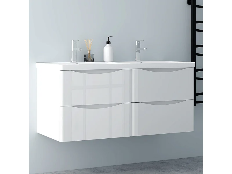 AICA Badezimmerschrank hängend 120cm Mineralguss waschbecken mit Unterschrank - Hochglanz Weiß  - SEMAL