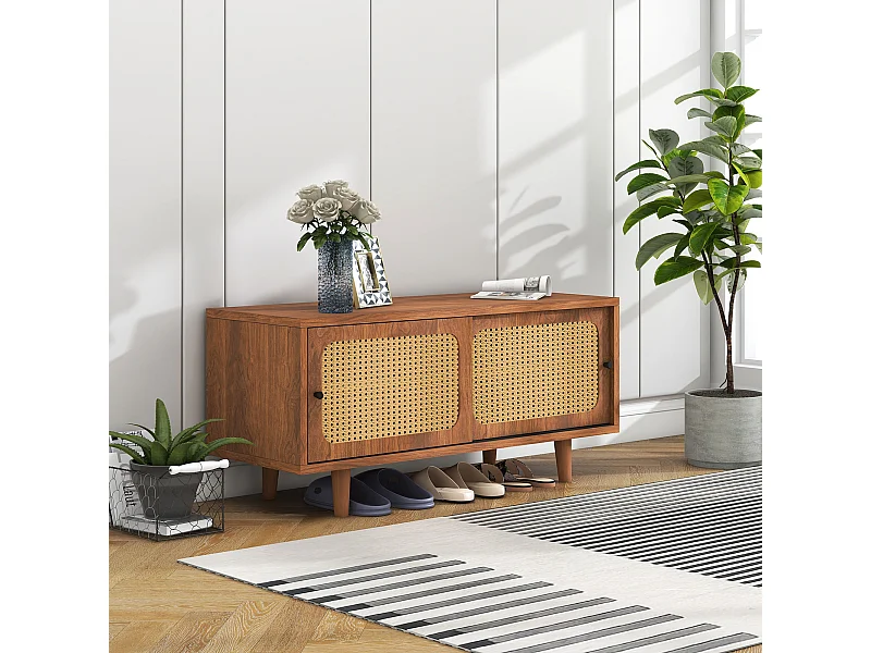 Meuble à chaussures avec 2 portes coulissantes - Etagères réglables - Naturel