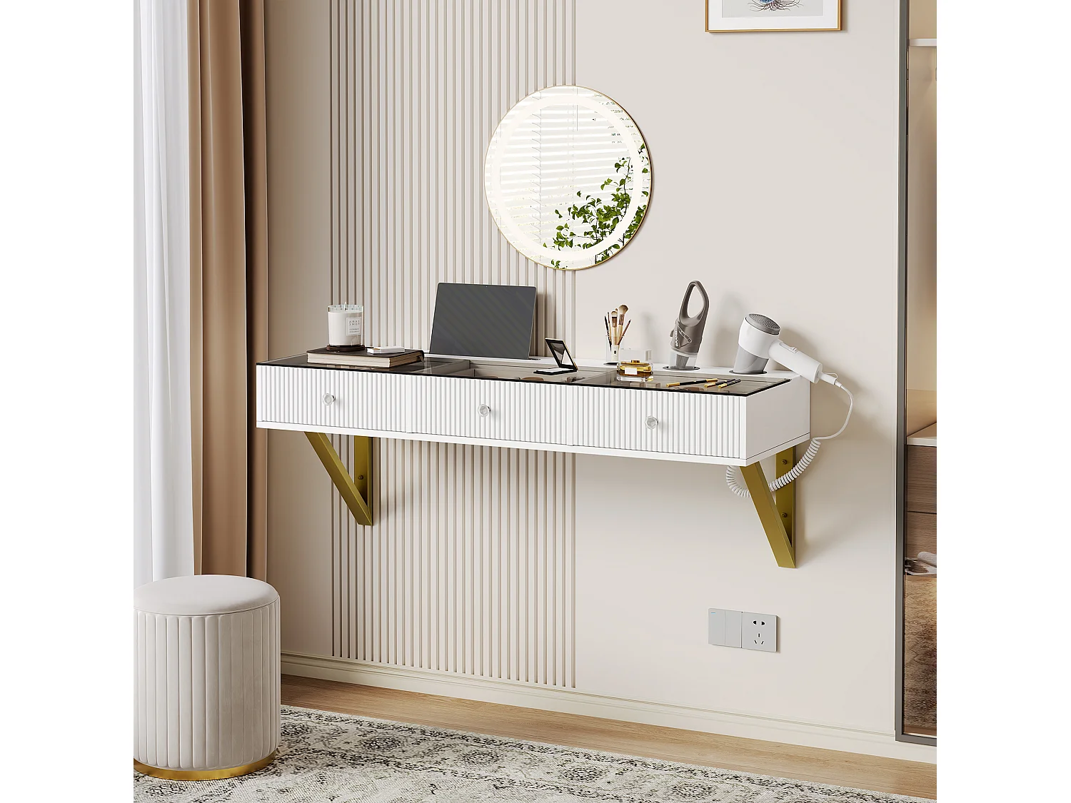 Coiffeuse suspendu avec miroir Leds + 3 tiroirs - 120 x 40 x 45 cm - plateau en verre - MDF + verre - blanc