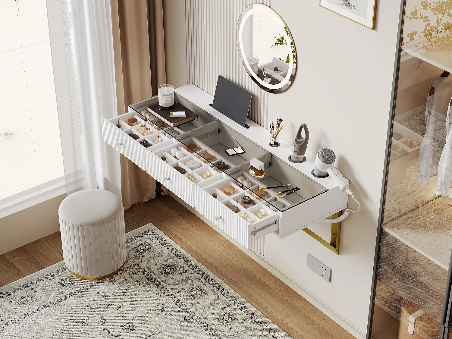 Coiffeuse suspendu avec miroir Leds + 3 tiroirs - 120 x 40 x 45 cm - plateau en verre - MDF + verre - blanc