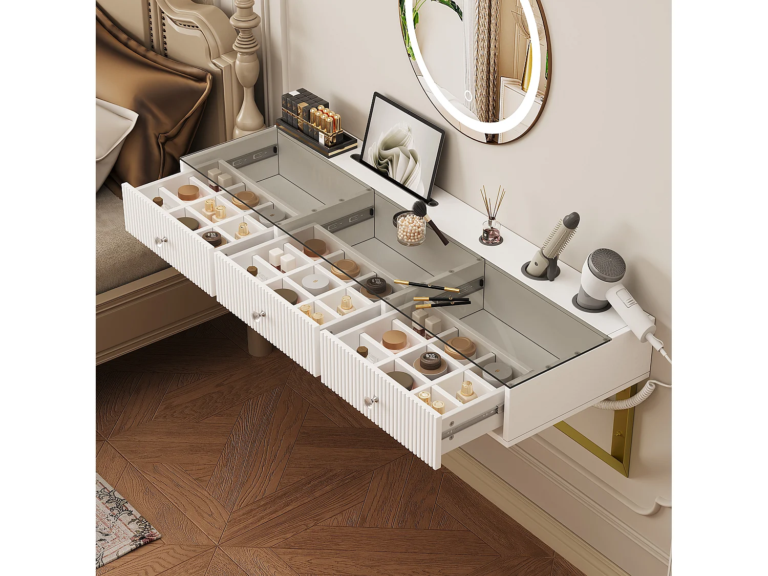 Coiffeuse suspendu avec miroir Leds + 3 tiroirs - 120 x 40 x 45 cm - plateau en verre - MDF + verre - blanc