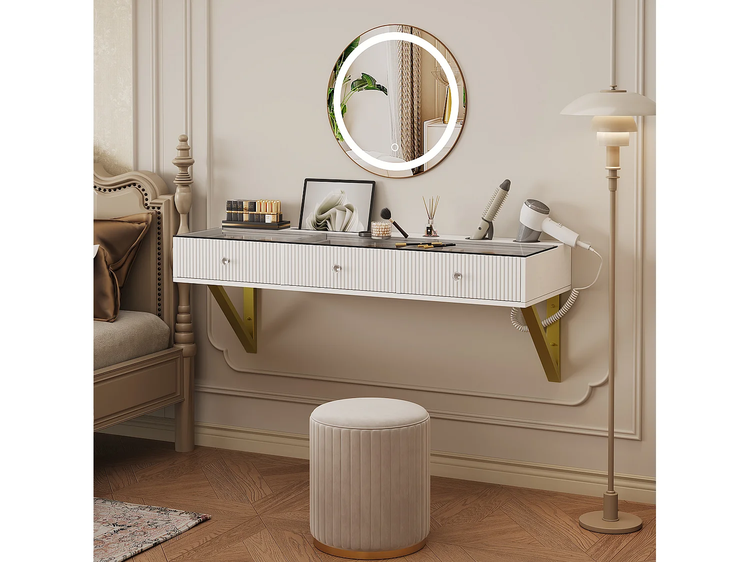 Coiffeuse suspendu avec miroir Leds + 3 tiroirs - 120 x 40 x 45 cm - plateau en verre - MDF + verre - blanc