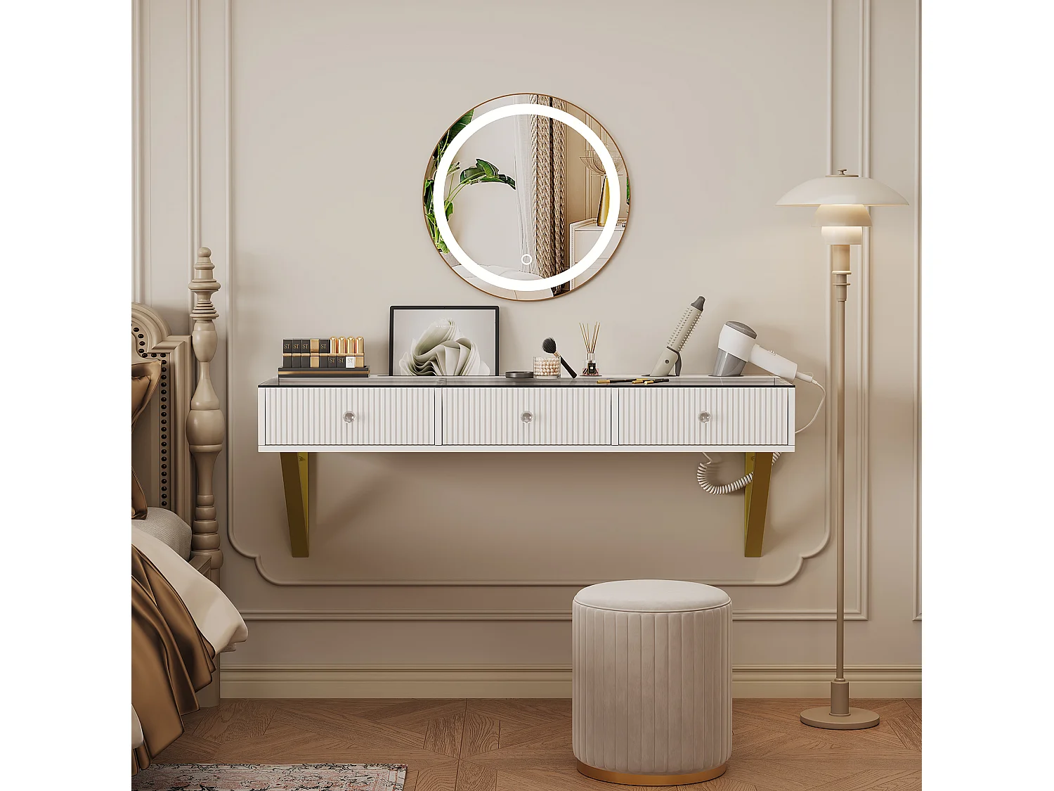 Coiffeuse suspendu avec miroir Leds + 3 tiroirs - 120 x 40 x 45 cm - plateau en verre - MDF + verre - blanc