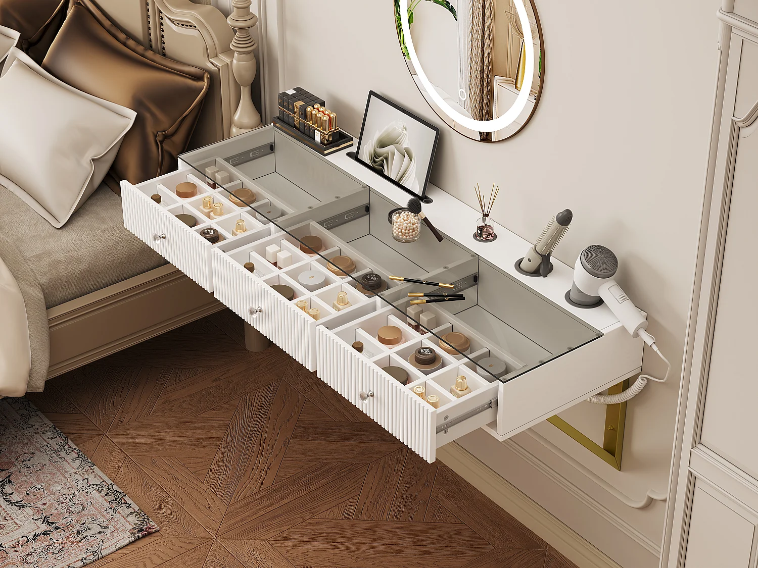 Coiffeuse suspendu avec miroir Leds + 3 tiroirs - 120 x 40 x 45 cm - plateau en verre - MDF + verre - blanc