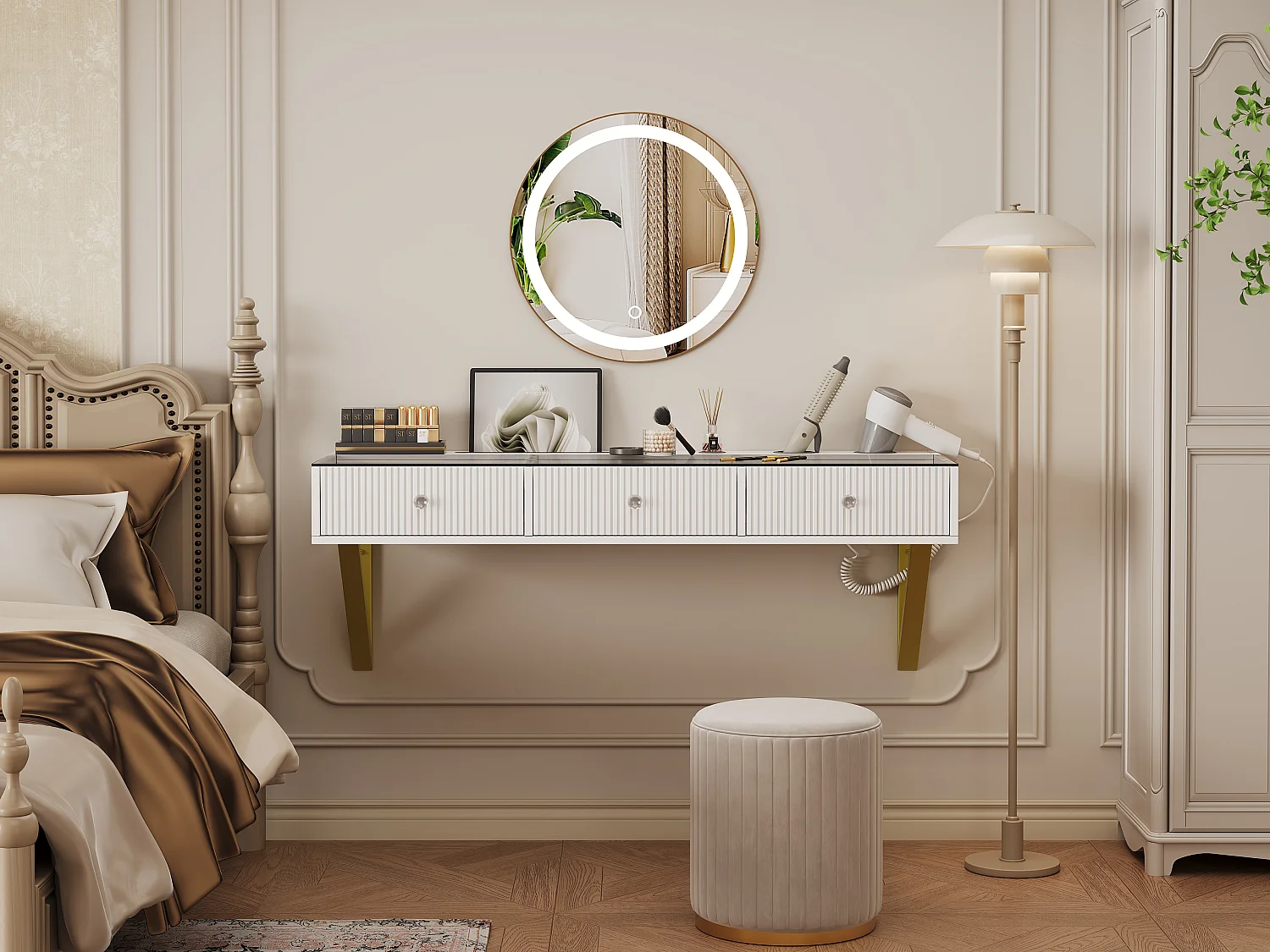 Coiffeuse suspendu avec miroir Leds + 3 tiroirs - 120 x 40 x 45 cm - plateau en verre - MDF + verre - blanc