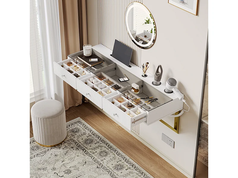 Coiffeuse suspendu avec miroir Leds + 3 tiroirs - 120 x 40 x 45 cm - plateau en verre - MDF + verre - blanc