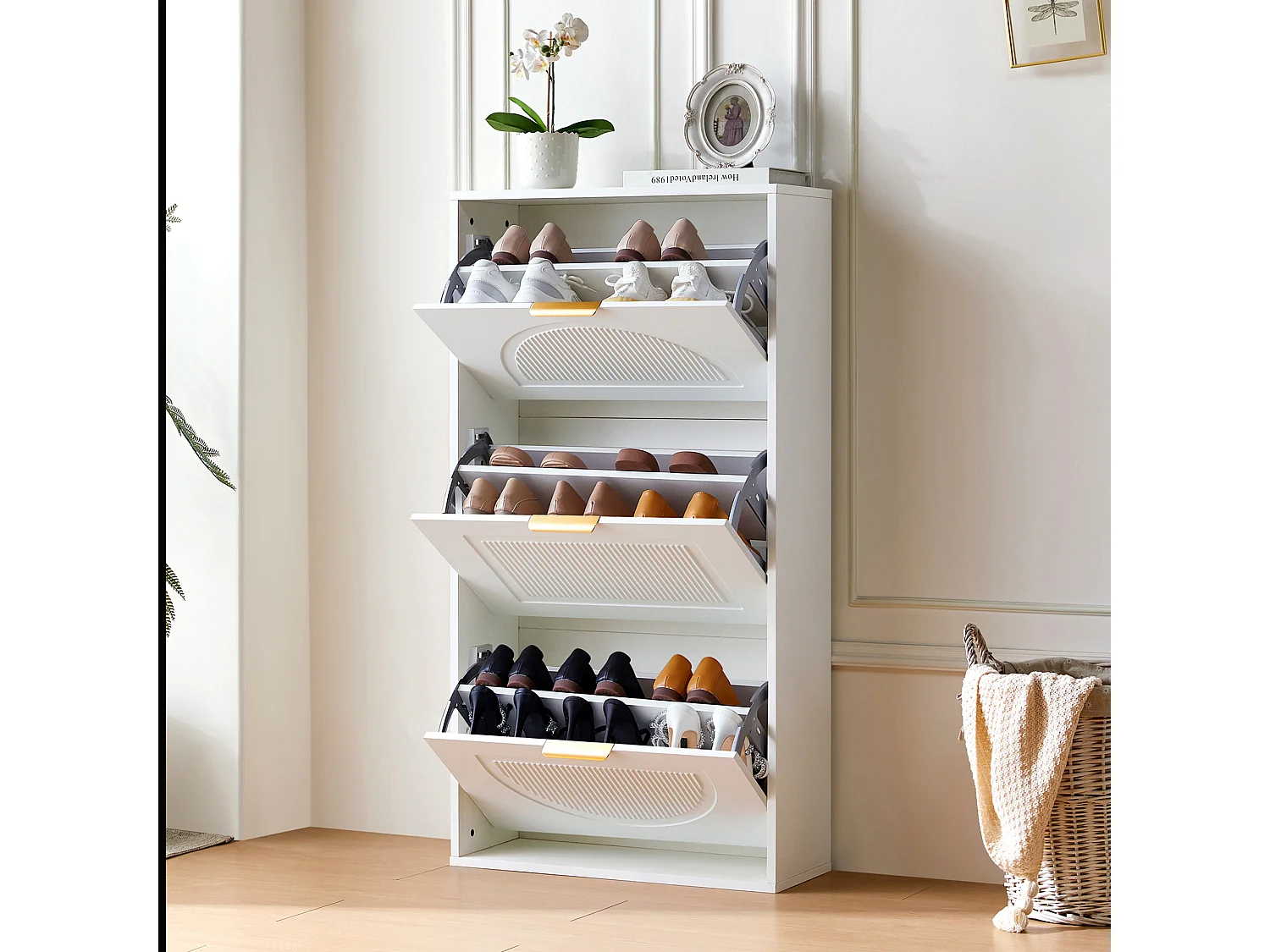 Meuble à chaussures étroit à 3 portes - 60 x 24 x 114 cm - pour entrée/salon - MDF - blanc