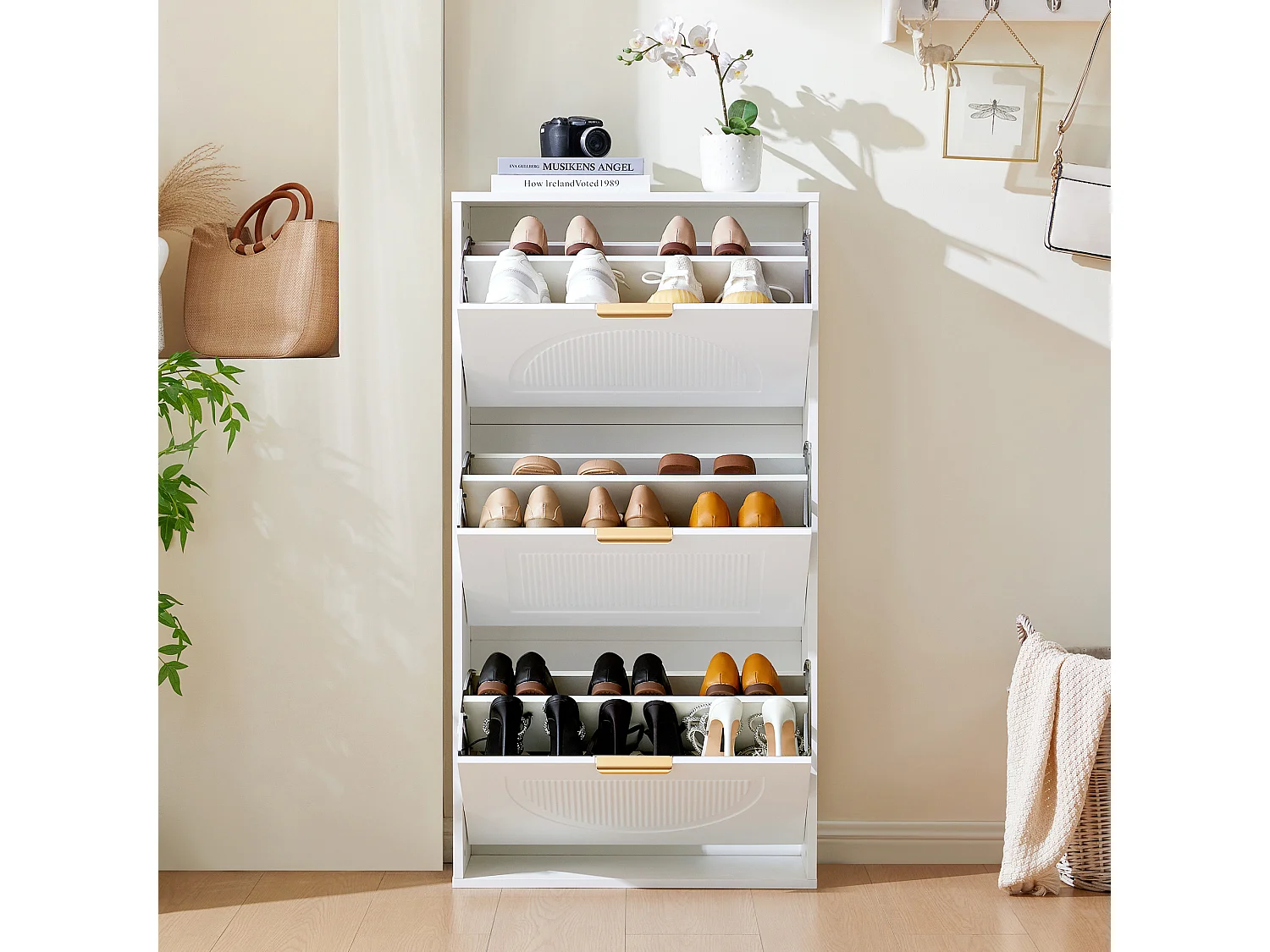 Meuble à chaussures étroit à 3 portes - 60 x 24 x 114 cm - pour entrée/salon - MDF - blanc