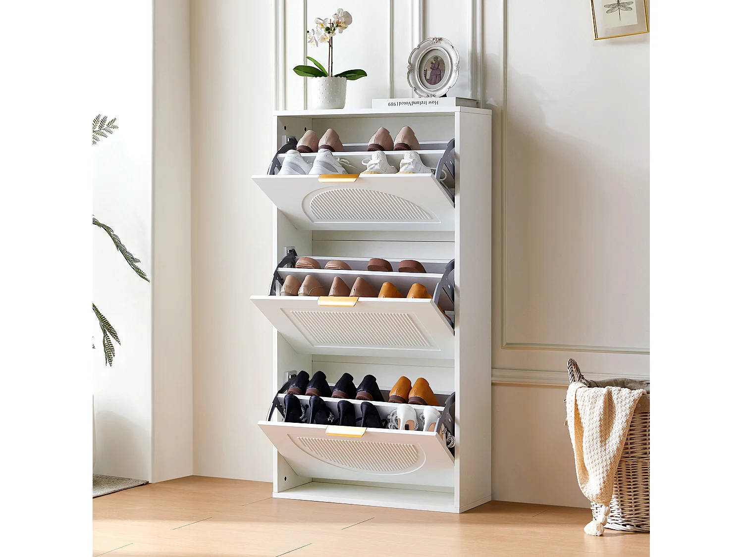 Meuble à chaussures étroit à 3 portes - 60 x 24 x 114 cm - pour entrée/salon - MDF - blanc