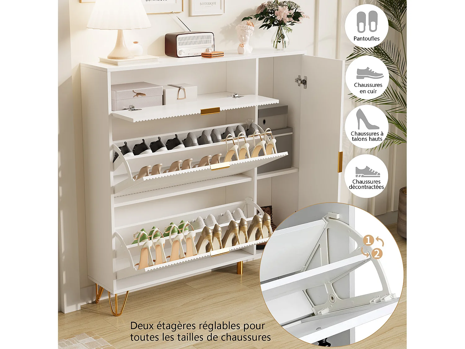 Meuble à chaussures blanc à 3 abattants et 1 porte, avec étagères réglables, 110 x 24 x 118,5 cm