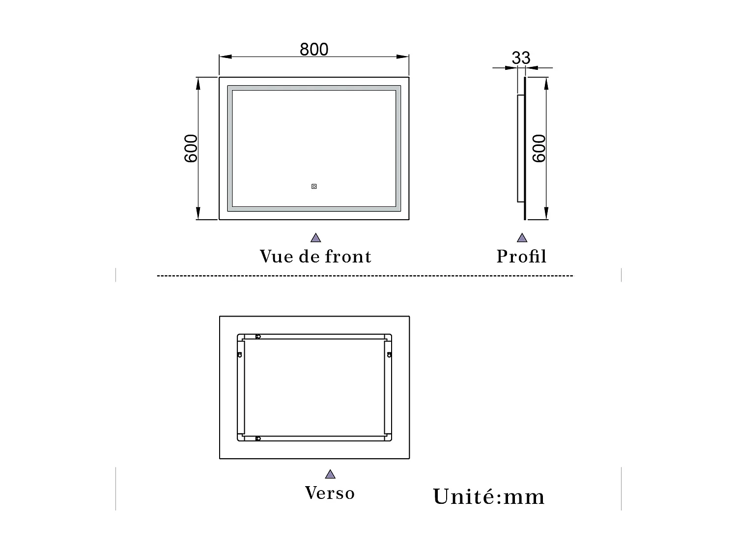 Miroir de salle de bain lumineux L.80 x H.60 cm avec Anti-Buée + 3 Couleurs + Dimmable, Miroir LED Mural