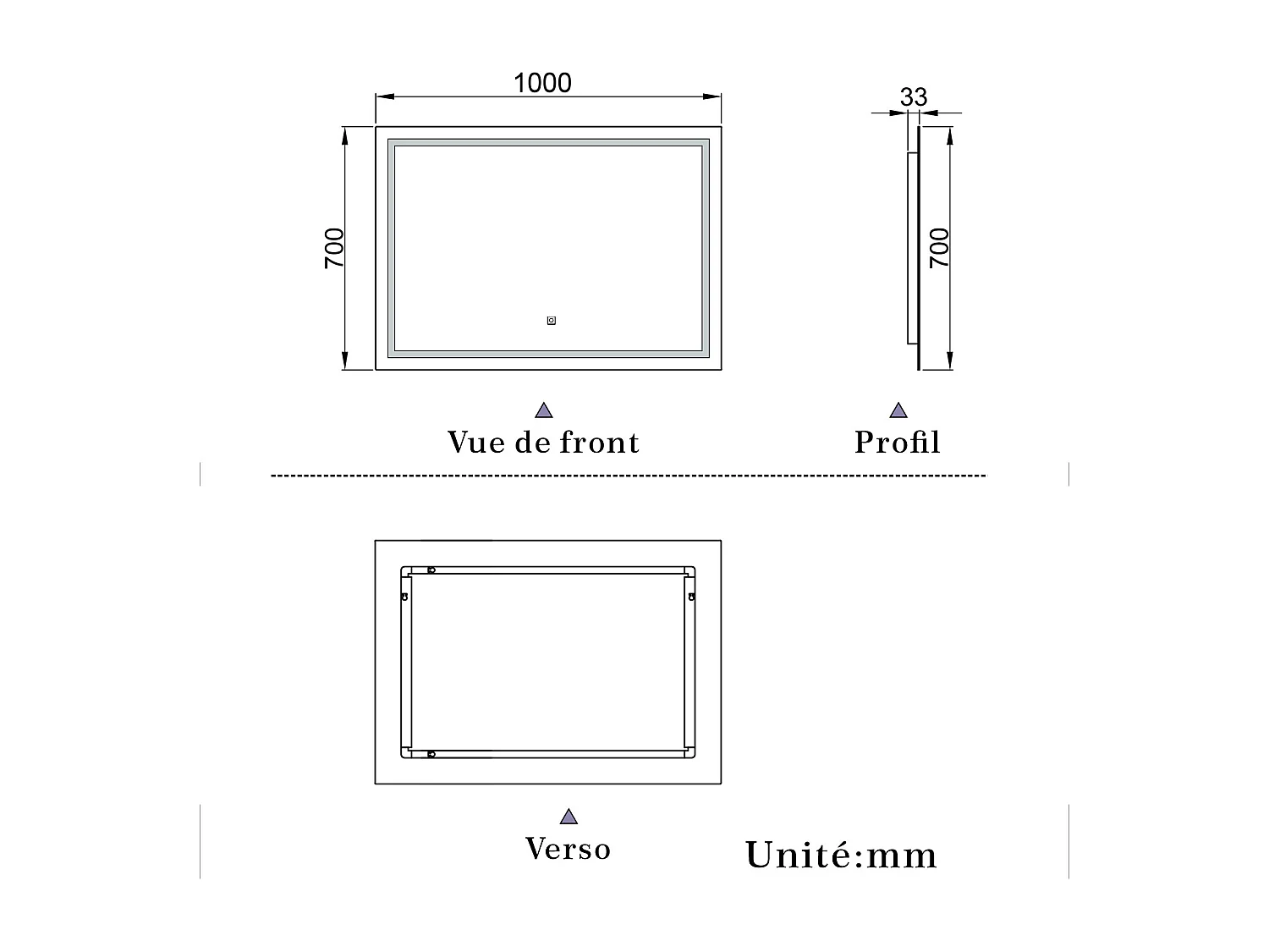 Miroir de salle de bain lumineux L.100 x H.70 cm avec Dimmable + Mémoire + D'arrêt automatique, Miroir LED Mural