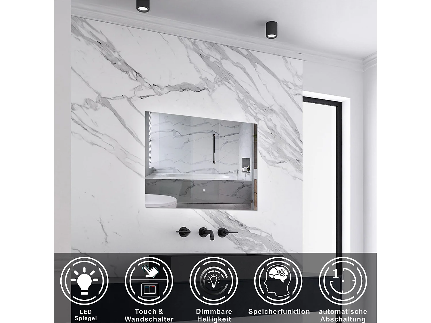 AICA LED Badspiegel 70x50cm mit Kaltweiß Dimmbar Memory-Funktion - LED Hinterbeleuchtung - Rechteck