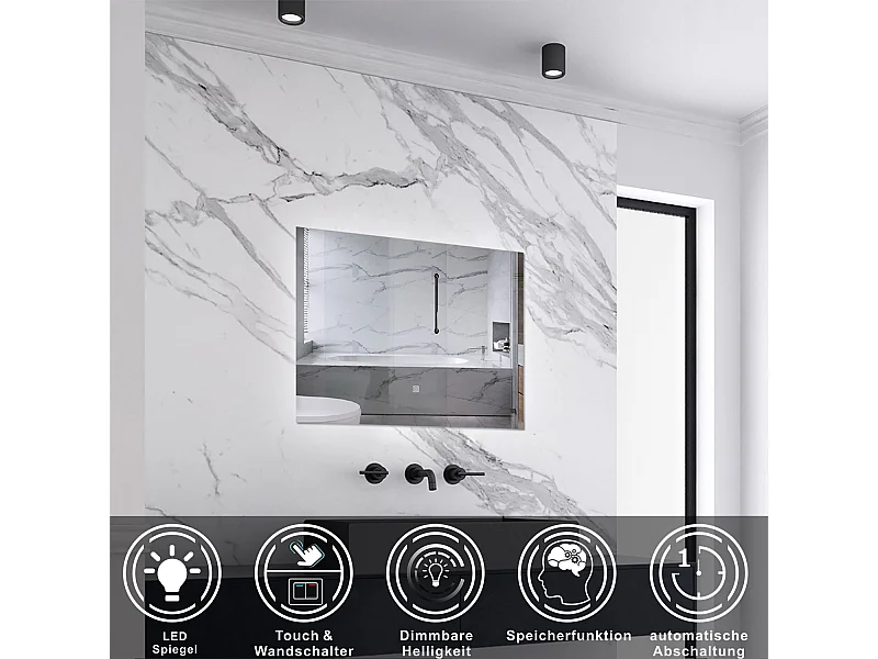 AICA LED Badspiegel 70x50cm mit Kaltweiß Dimmbar Memory-Funktion - LED Hinterbeleuchtung - Rechteck