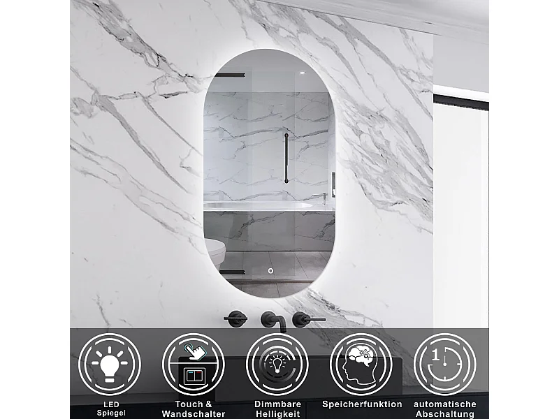 AICA LED Badspiegel 45x75cm mit Kaltweiß Dimmbar Memory-Funktion - LED Hinterbeleuchtung - Oval