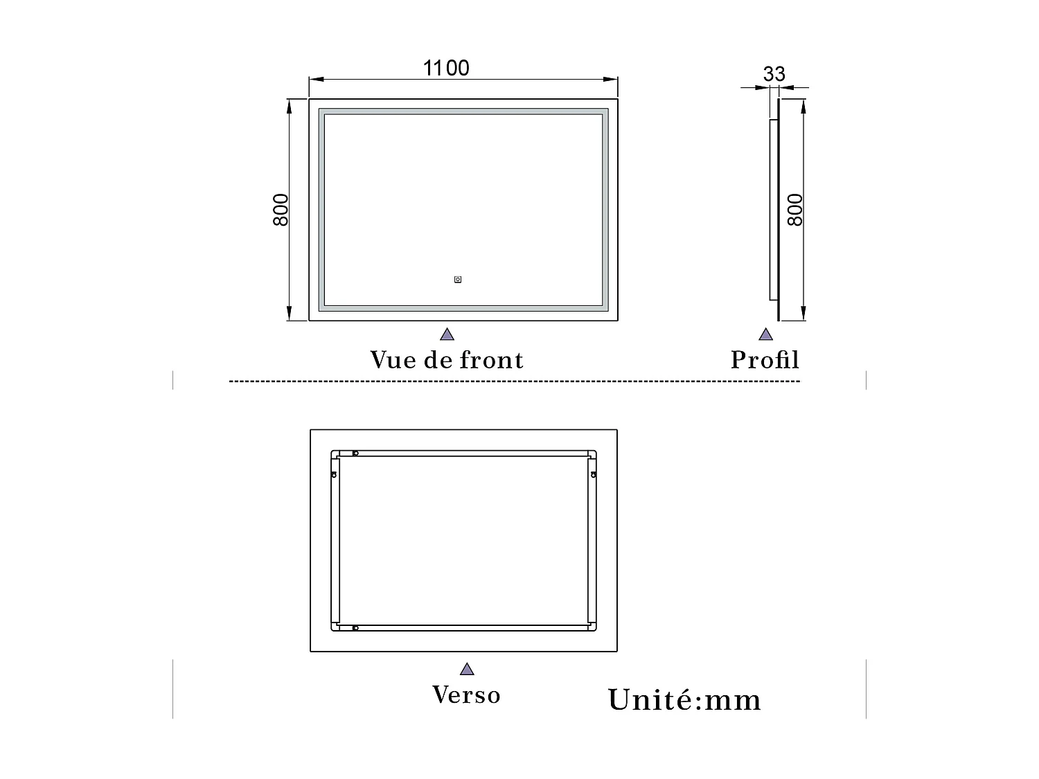 Miroir de salle de bain lumineux L.110 x H.80 cm avec Dimmable + Mémoire + D'arrêt automatique, Miroir LED Mural