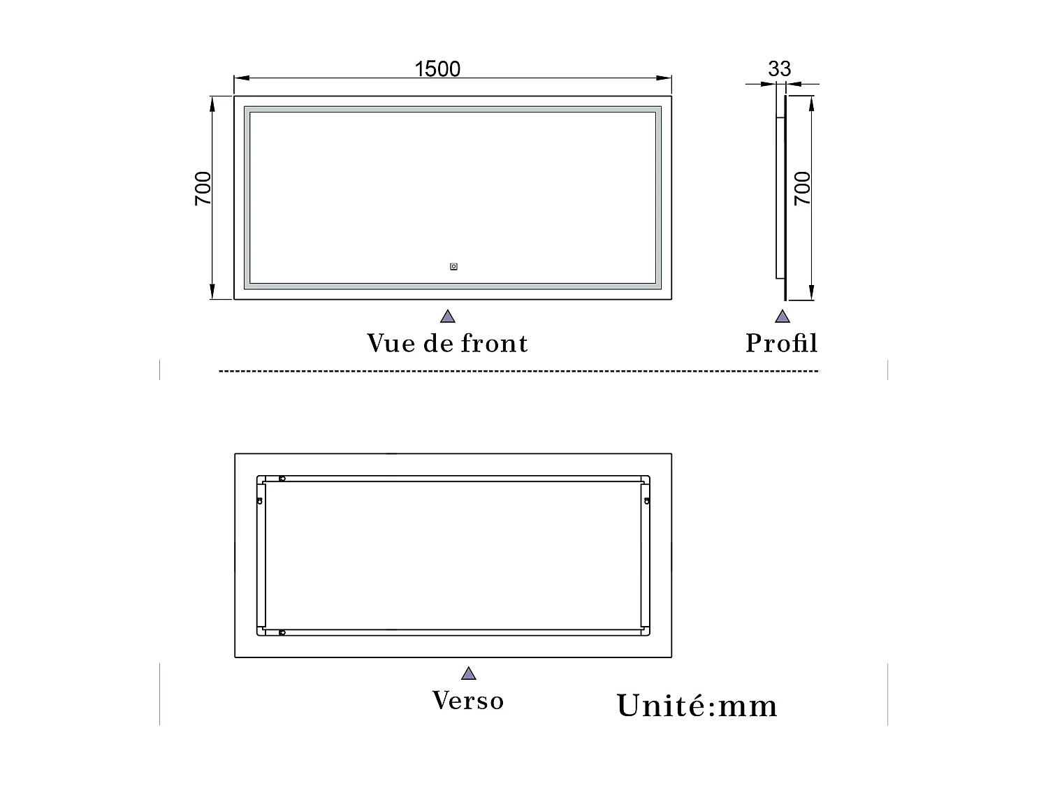 Miroir de salle de bain lumineux L.150 x H.70 cm avec Dimmable + Mémoire + D'arrêt automatique, Miroir LED Mural