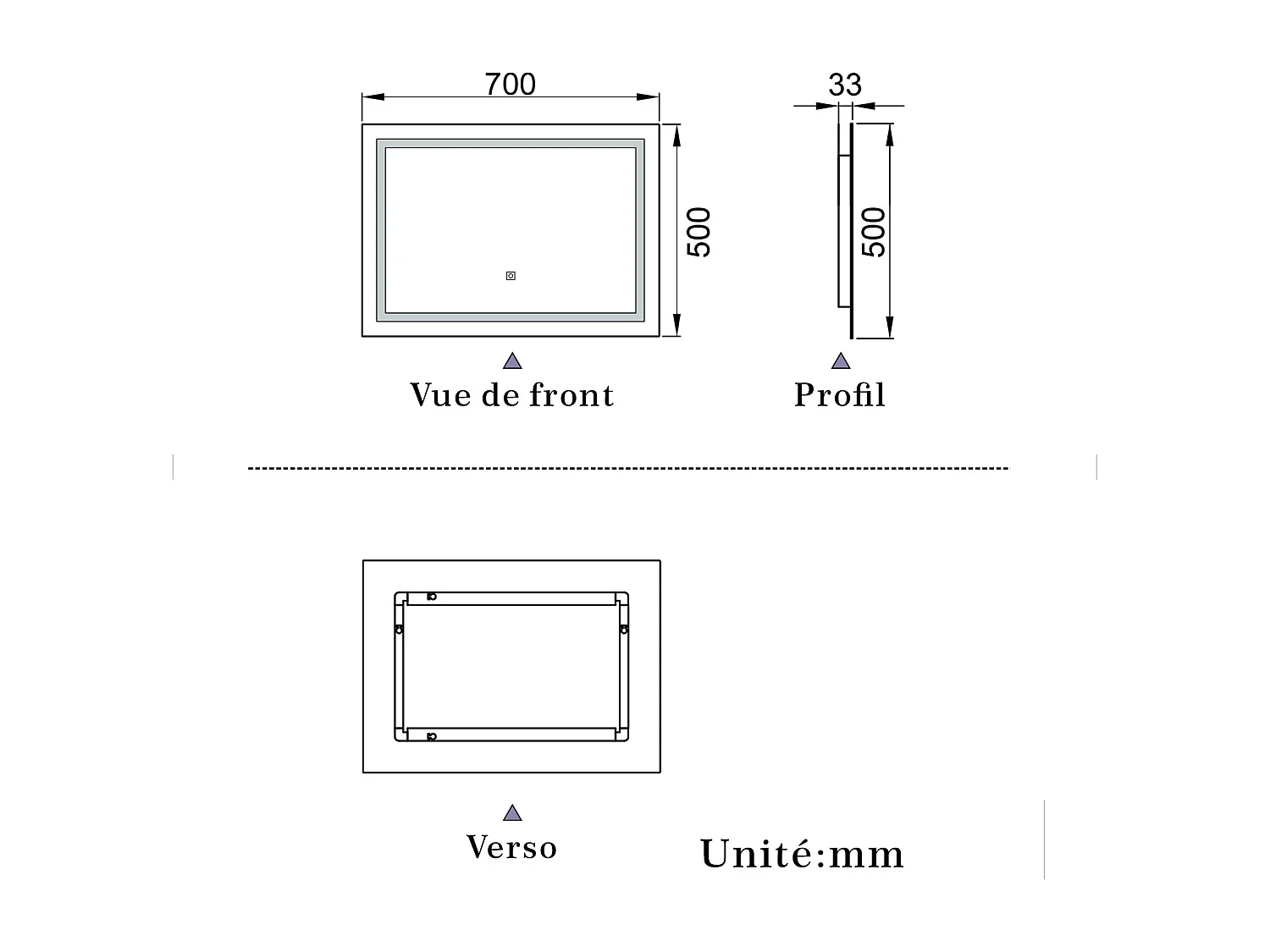 Miroir de salle de bain lumineux L.70 x H.50 cm avec Dimmable + Mémoire + D'arrêt automatique, Miroir LED Mural