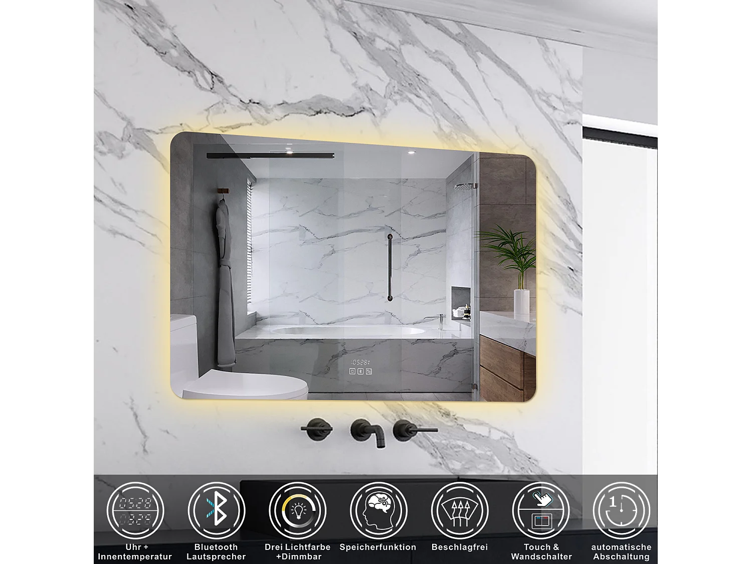 AICA LED Badspiegel 120x80cm Bluetooth Uhr Anti-Beschlag 3 Lichfarbe Dimmbar Memory-Funktion