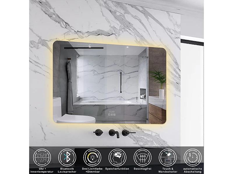 AICA LED Badspiegel 120x80cm Bluetooth Uhr Anti-Beschlag 3 Lichfarbe Dimmbar Memory-Funktion