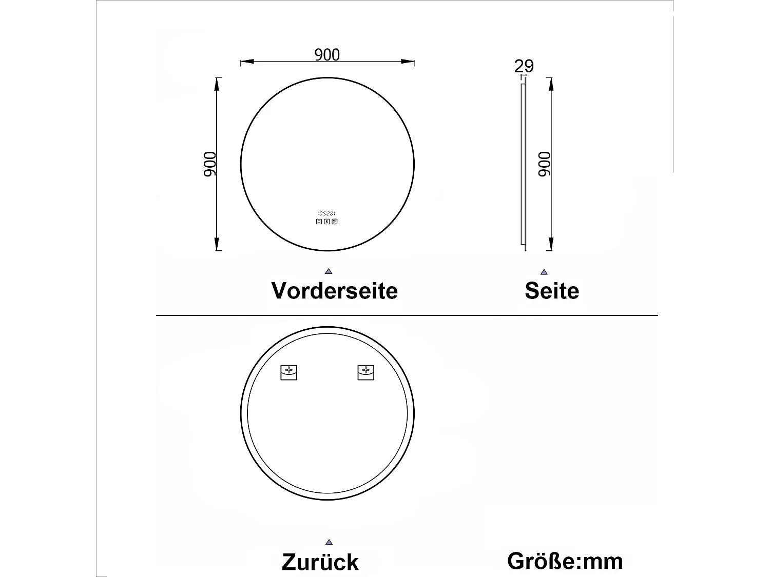 AICA LED Badspiegel Rund 90cm Bluetooth Uhr Anti-Beschlag 3 Lichfarbe Dimmbar Memory-Funktion
