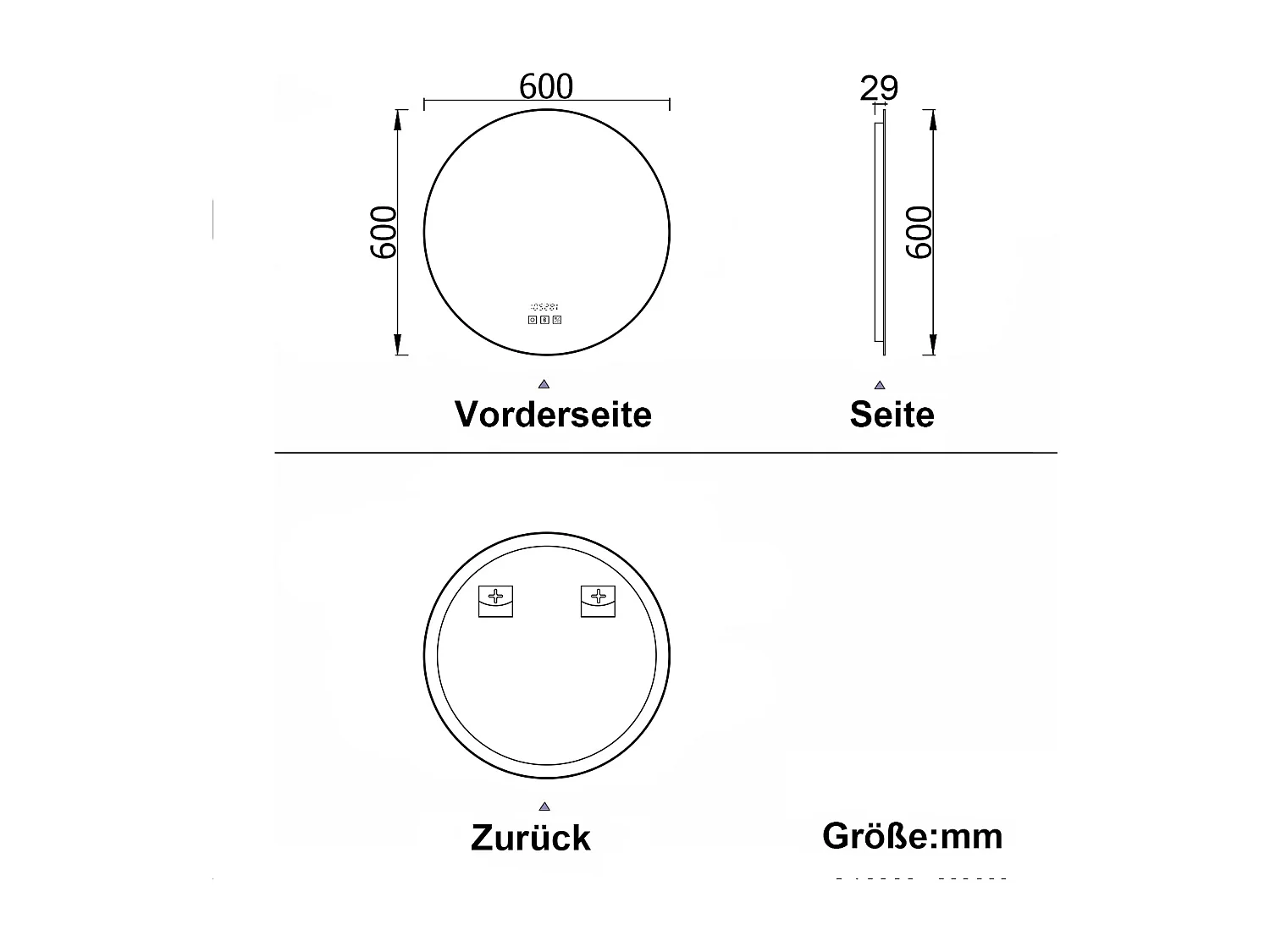 AICA LED Badspiegel Rund 60cm Bluetooth Uhr Anti-Beschlag 3 Lichfarbe Dimmbar Memory-Funktion