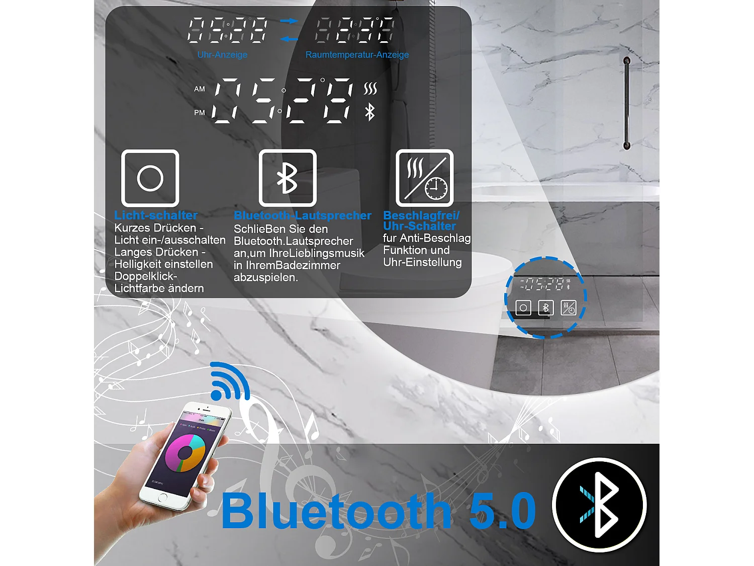 AICA LED Badspiegel Rund 60cm Bluetooth Uhr Anti-Beschlag 3 Lichfarbe Dimmbar Memory-Funktion