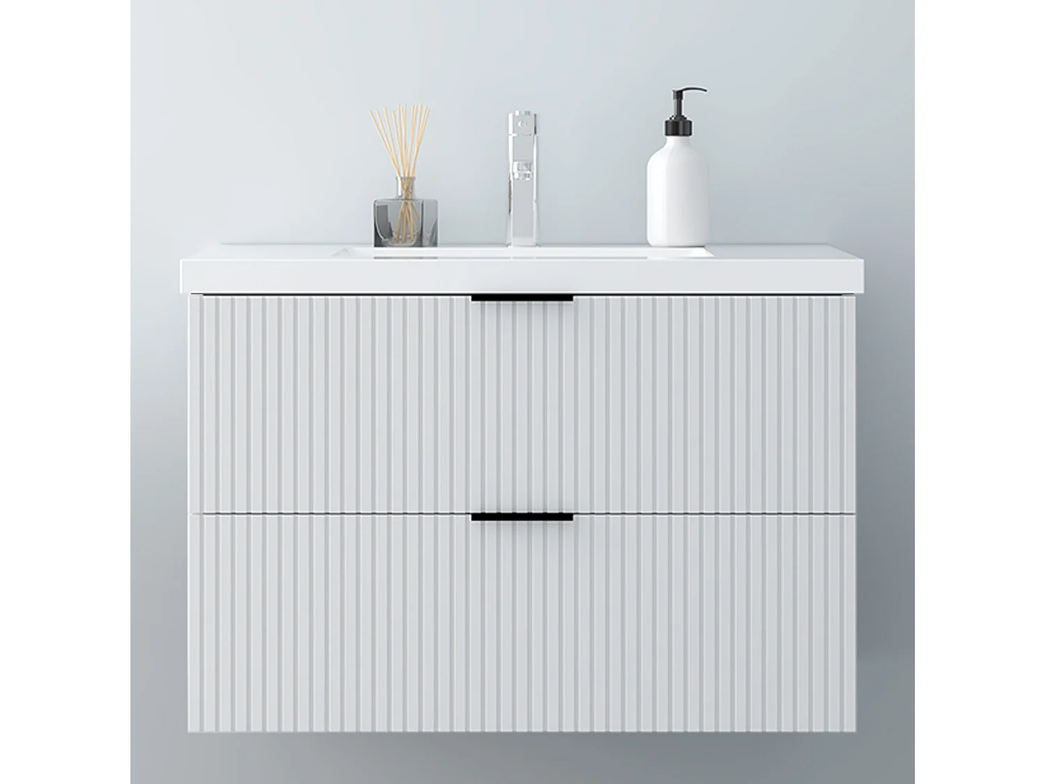 AICA Badmöbel 80cm Mineralguss Waschtisch Waschtisch mit Unterschrank hängend - Streifenoptik - Matt Weiß