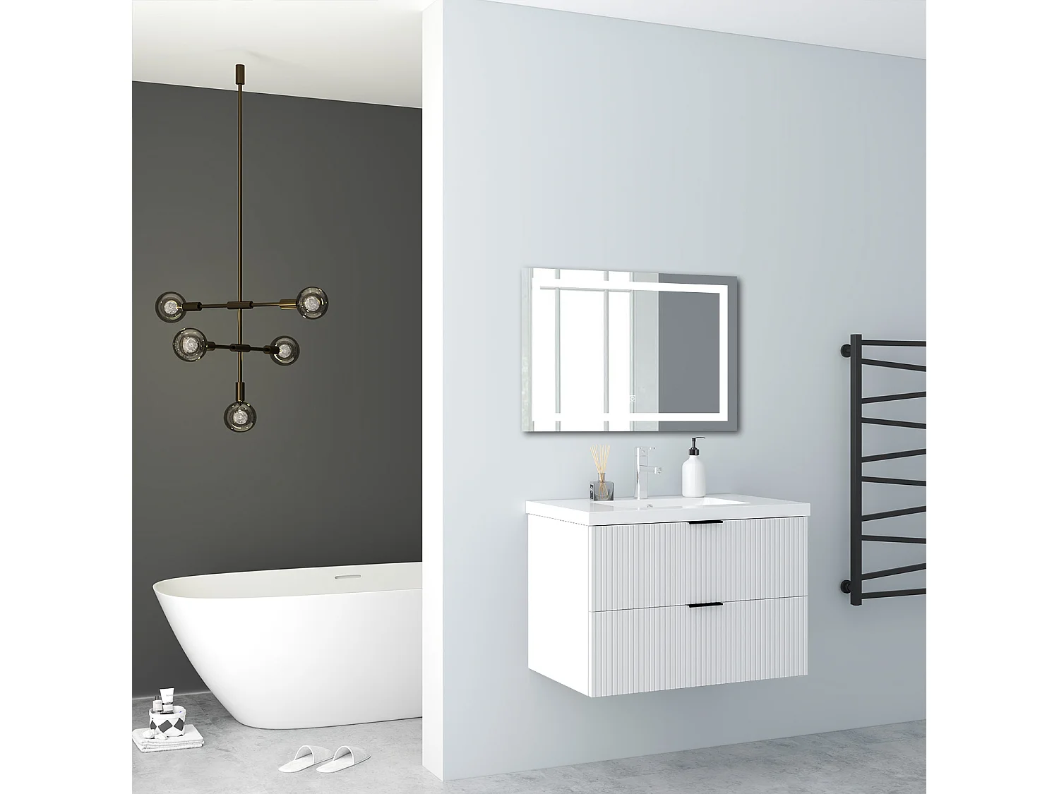 AICA Badmöbel 80cm Mineralguss Waschtisch Waschtisch mit Unterschrank hängend - Streifenoptik - Matt Weiß