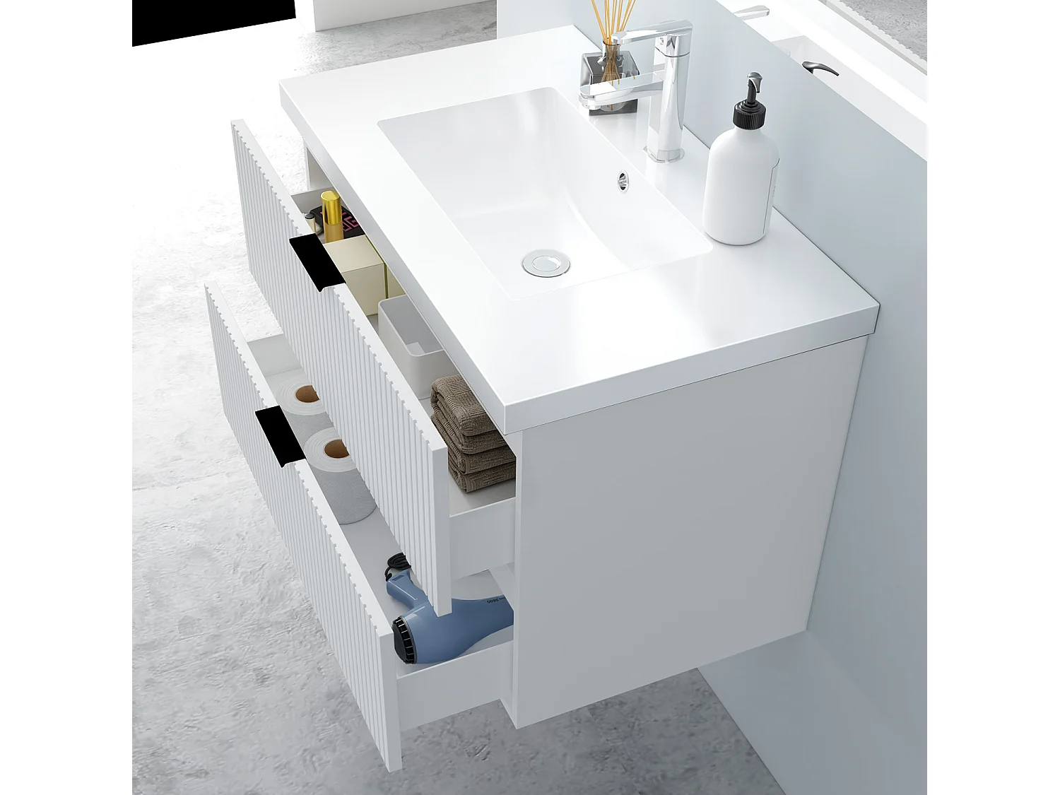 AICA Badmöbel 80cm Mineralguss Waschtisch Waschtisch mit Unterschrank hängend - Streifenoptik - Matt Weiß