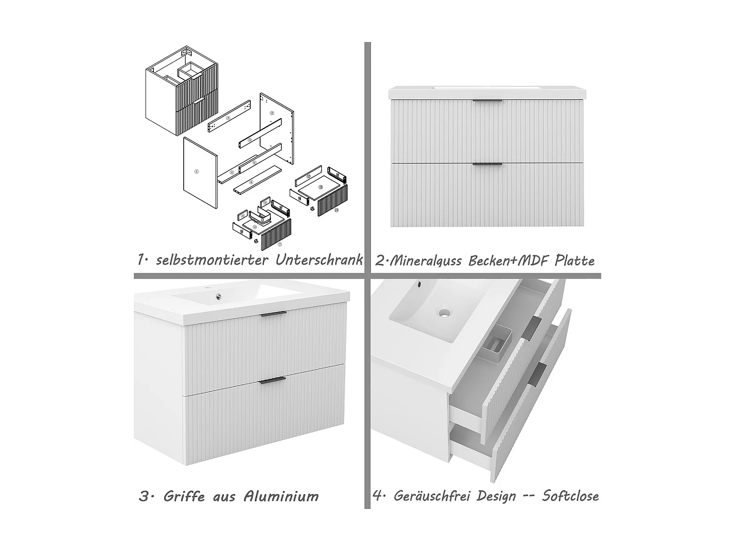 AICA Badmöbel 80cm Mineralguss Waschtisch Waschtisch mit Unterschrank hängend - Streifenoptik - Matt Weiß