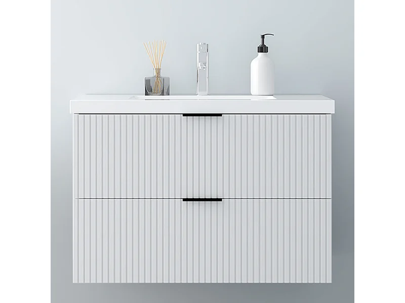 AICA Badmöbel 80cm Mineralguss Waschtisch Waschtisch mit Unterschrank hängend - Streifenoptik - Matt Weiß