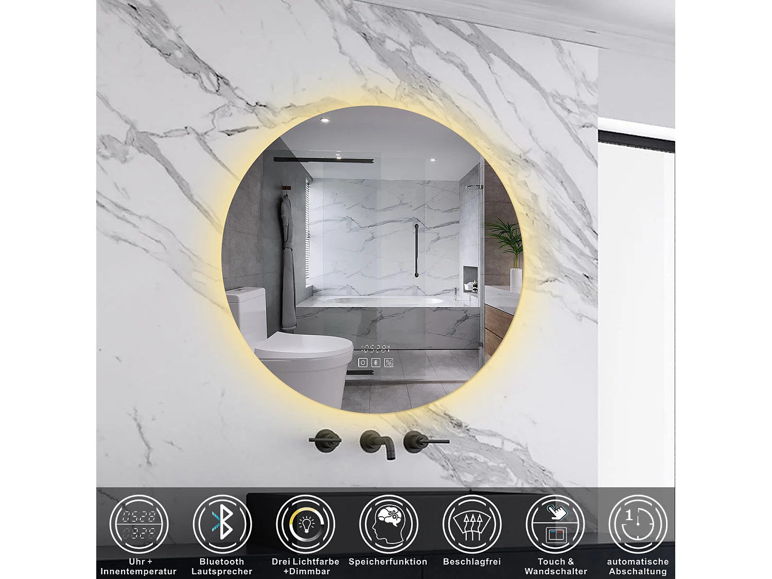 AICA LED Badspiegel Rund 50cm Bluetooth Uhr Anti-Beschlag 3 Lichfarbe Dimmbar Memory-Funktion
