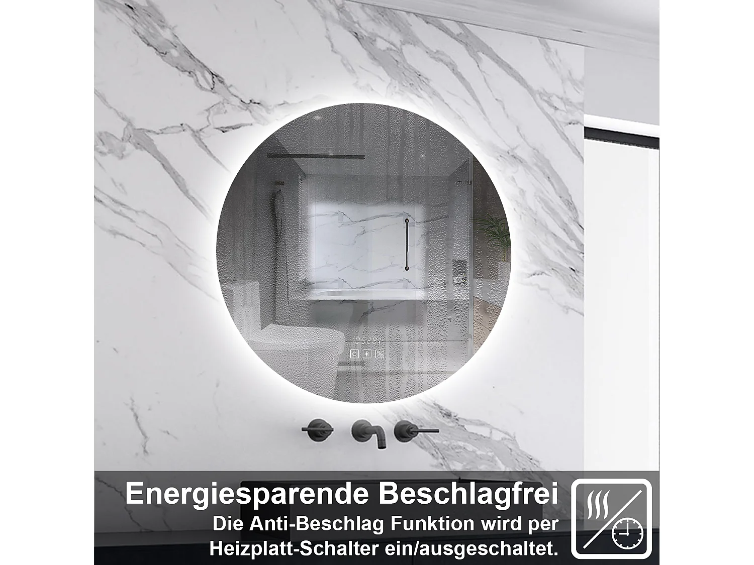 AICA LED Badspiegel Rund 50cm Bluetooth Uhr Anti-Beschlag 3 Lichfarbe Dimmbar Memory-Funktion